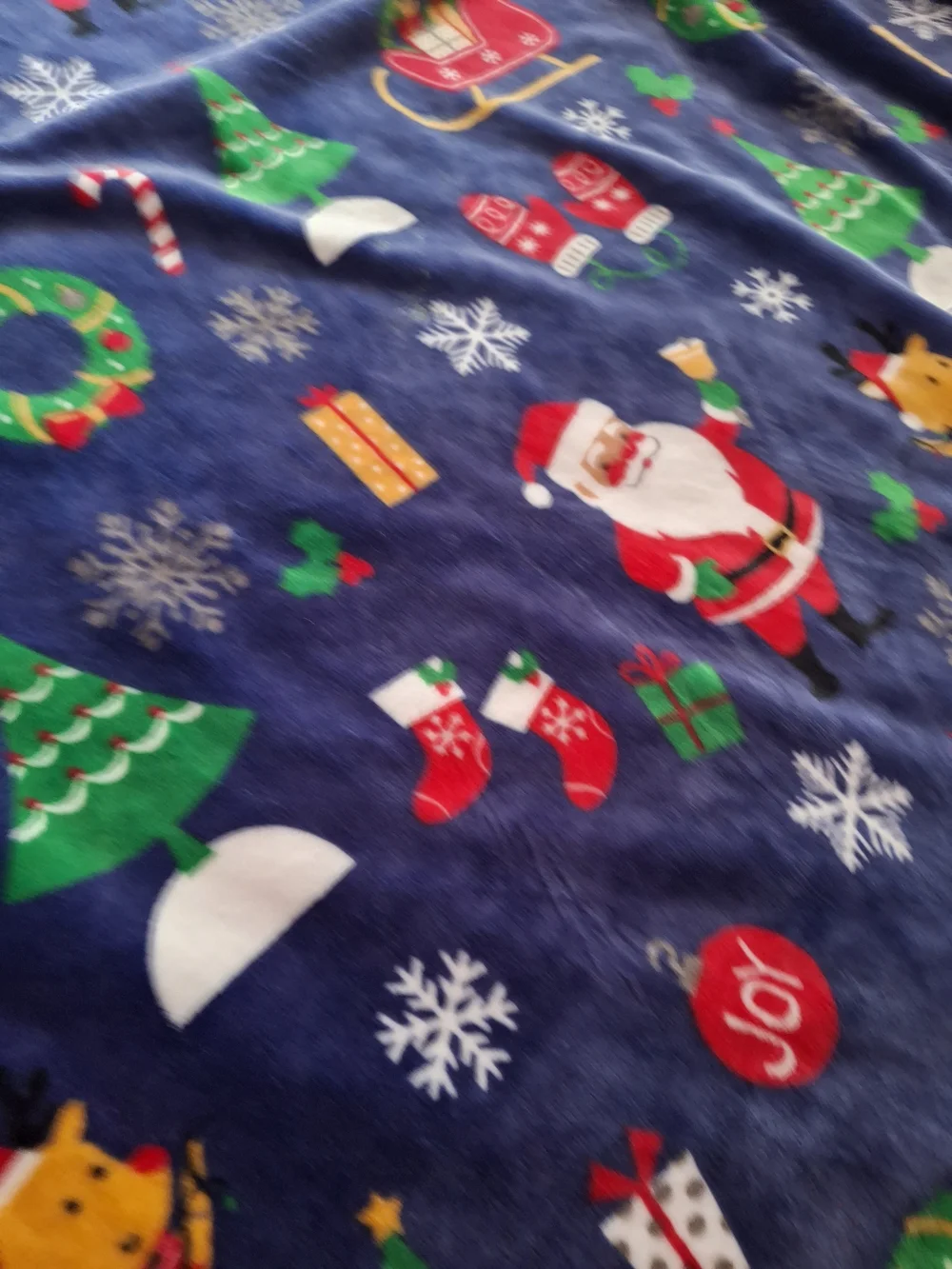 Christmas Santa & Reindeer Plush Throw Blanket - Navy Blue